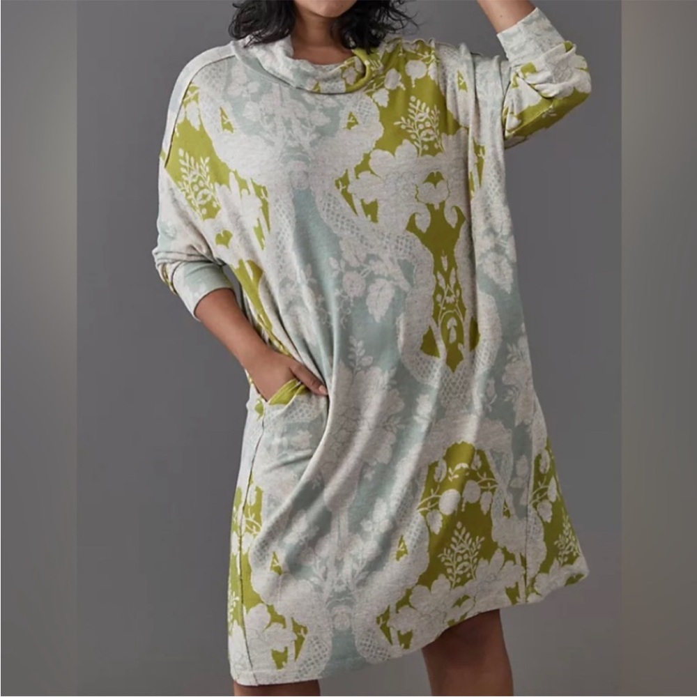 Anthropologie Green and Cream Patterned Dress